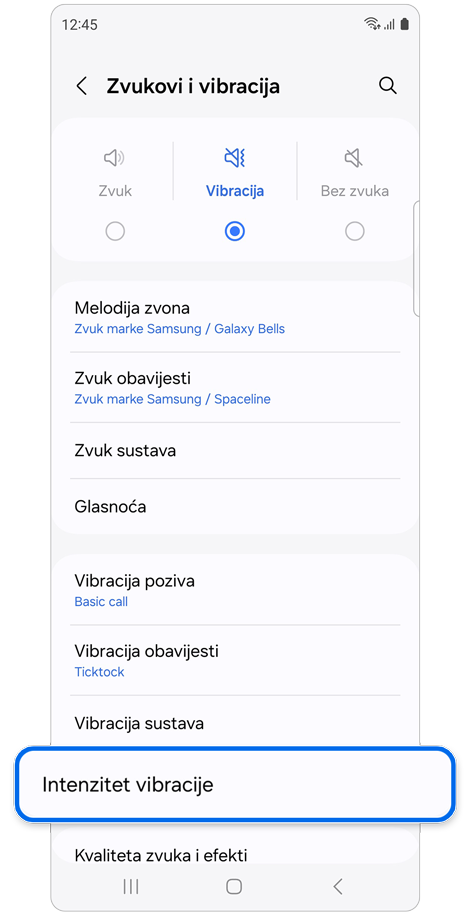 Zvukovi i vibracije početni zaslon.