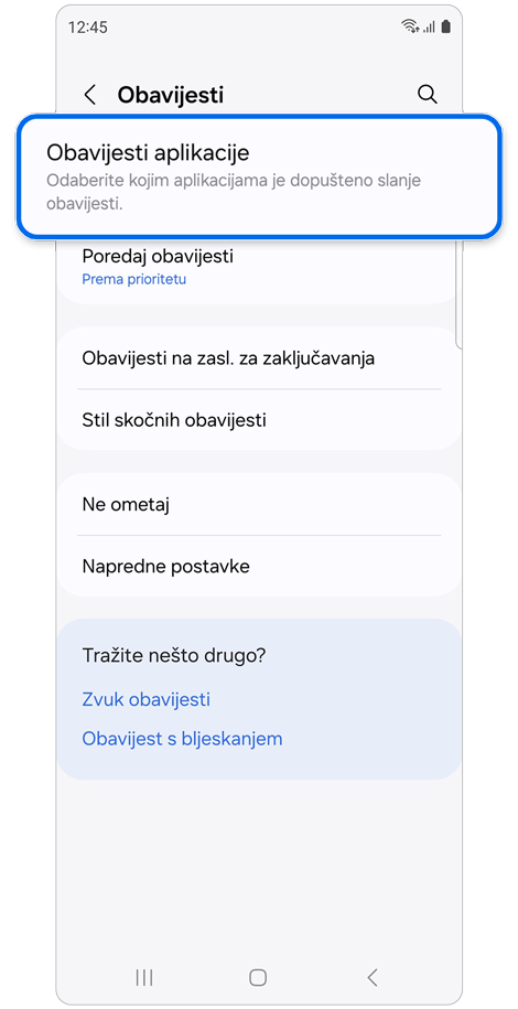 Zaslon za postavke obavijesti.