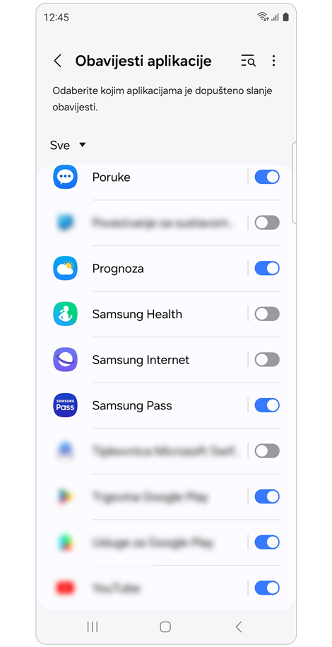 Zaslon obavijesti aplikacije.