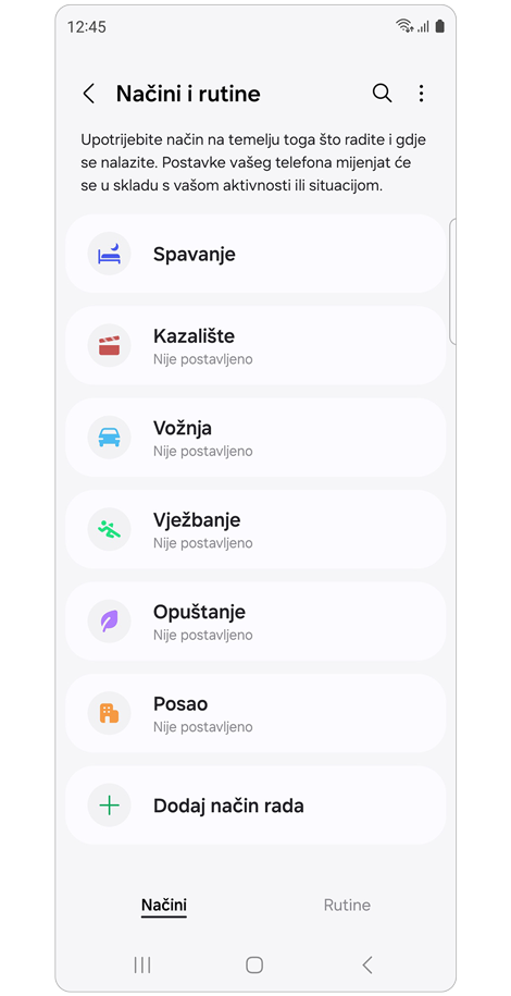 Način i rutine početni ekran.