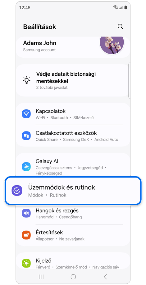 Beállítások kezdőképernyő.