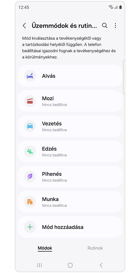 Üzemmódok és rutinok kezdőképernyő.