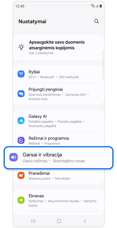 Nustatymų pradžios ekranas.