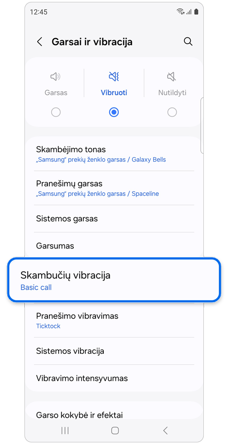 Garsų ir vibracijos pradžios ekranas.