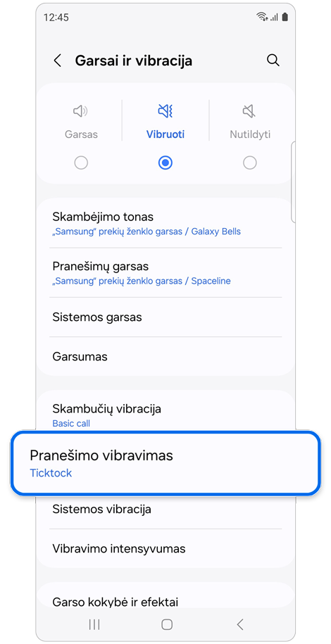 Garsų ir vibracijos pradžios ekranas.