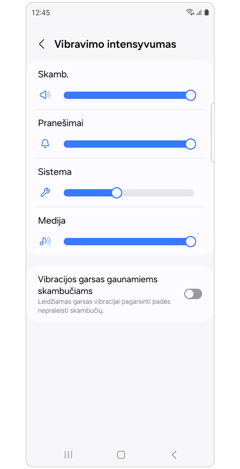 Vibravimo intensyvumo nustatymų ekranas.