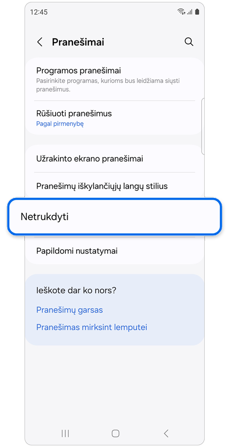 Pranešimų nustatymų ekranas.