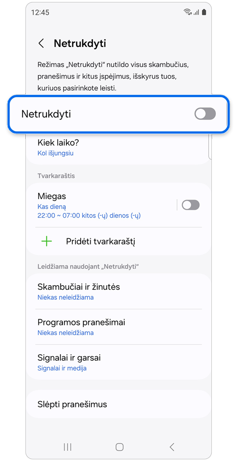 Režimo „Netrukdyti“ nustatymų ekranas.