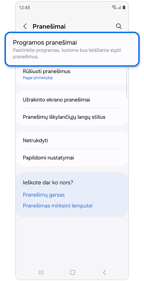 Pranešimų nustatymų ekranas.