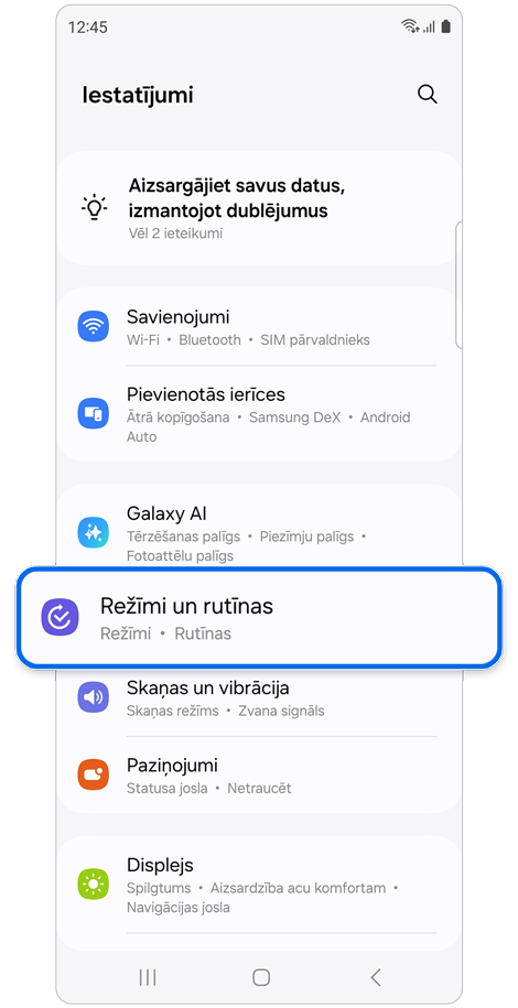 Sadaļas Iestatījumi sākuma ekrāns.