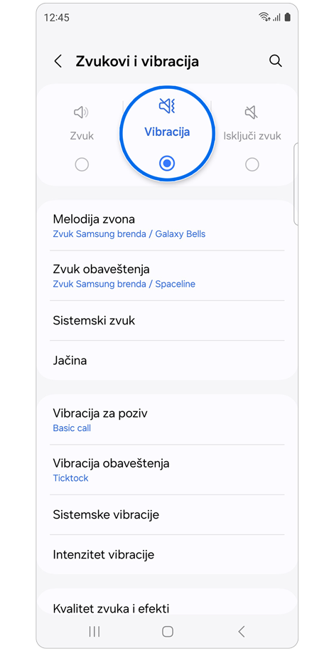 Zvuci i vibracije početni ekran.