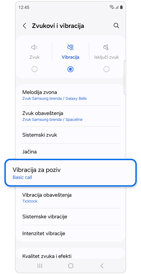 Zvuci i vibracije početni ekran.
