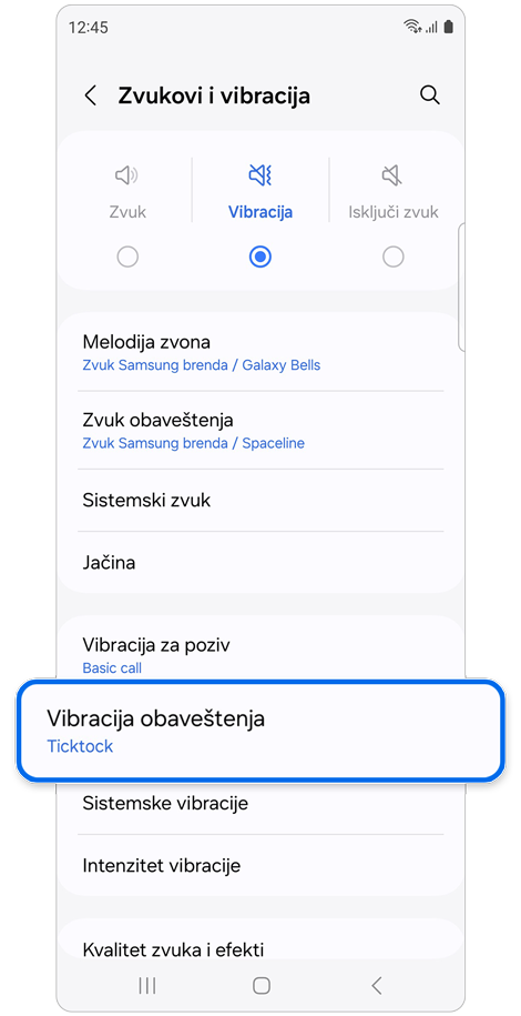 Zvuci i vibracije početni ekran.