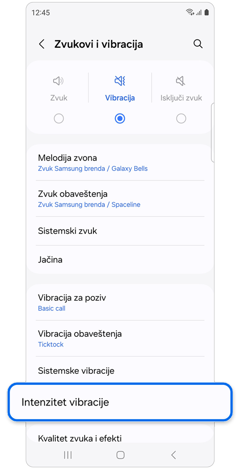 Zvuci i vibracije početni ekran.