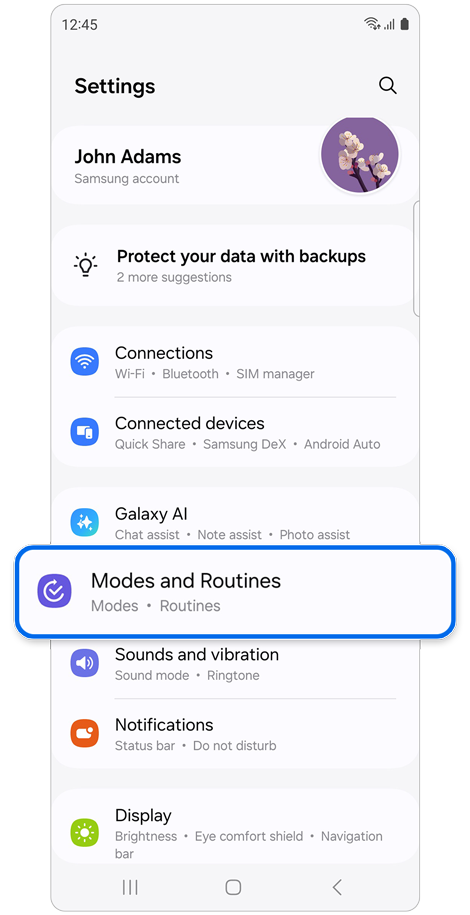 Settings home screen.