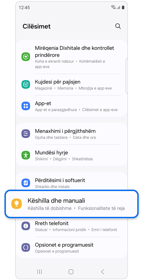 Ekrani kryesor Cilësimet.