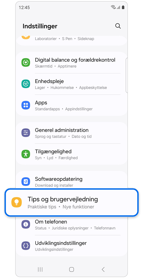 Startskærm for Indstillinger.