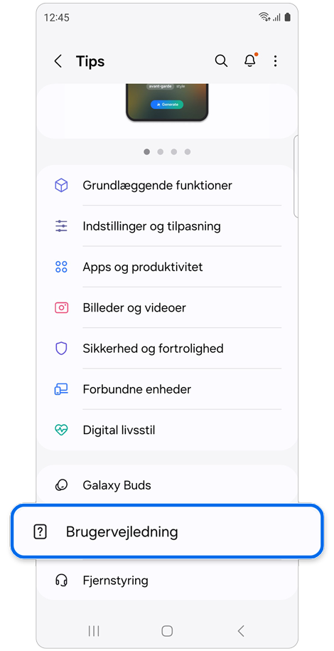 En liste over kategorier for at se tips og få adgang til brugervejledningen.