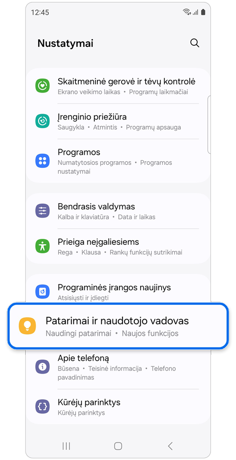 Nustatymų pradžios ekranas.