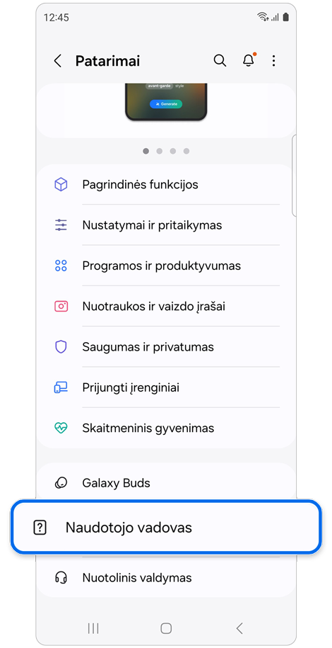 Patarimų, kuriuos galima peržiūrėti, kategorijų sąrašas ir prieiga prie naudotojo vadovo.