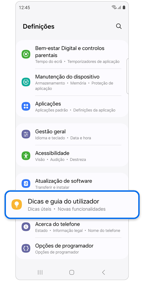 Ecrã inicial Definições.