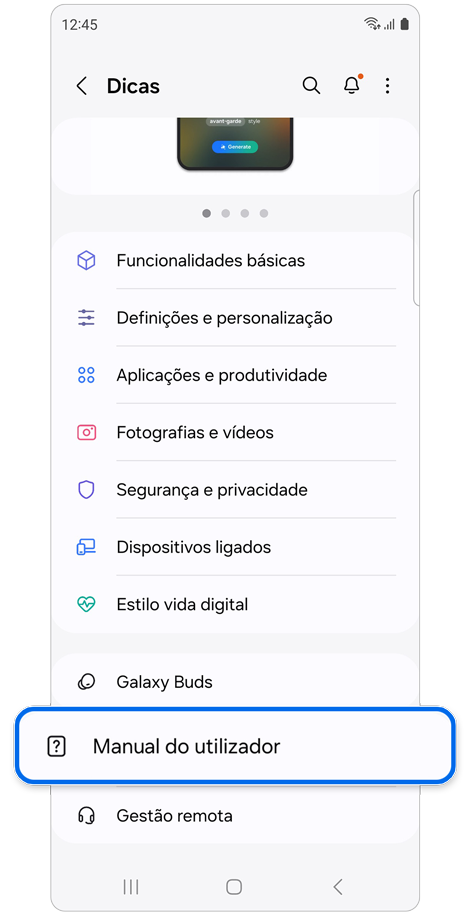 Uma lista de categorias para ver dicas e aceder ao Guia do utilizador.