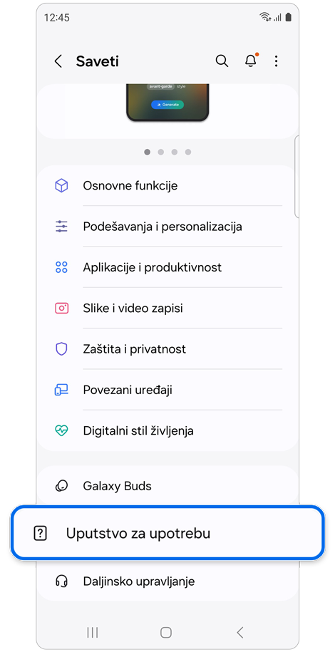Lista kategorija za pregled saveta i pristup korisničkom priručniku.