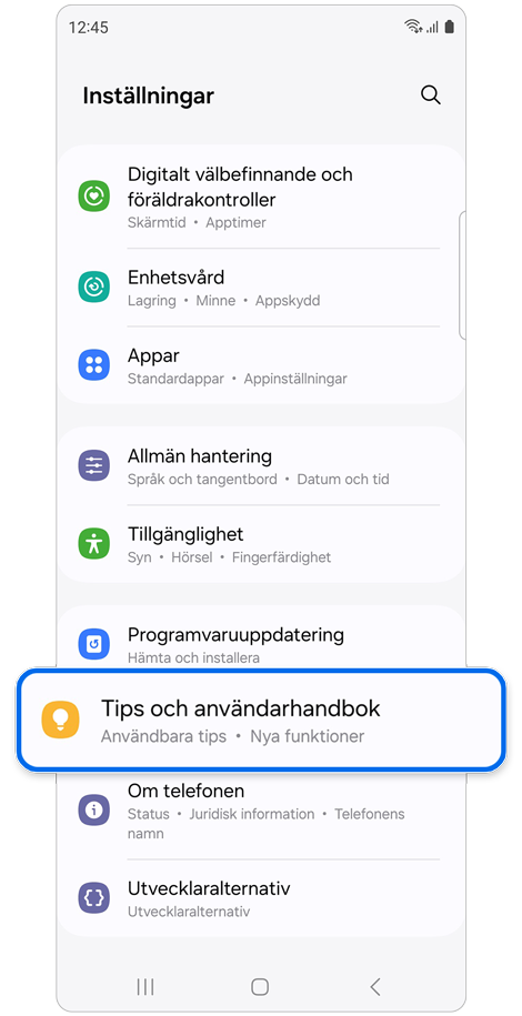 Startskärm för Inställningar.