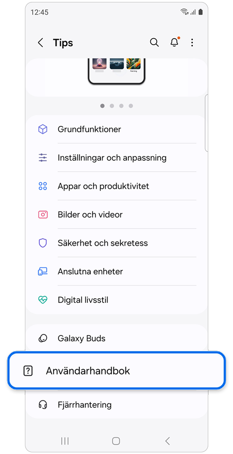 En lista över kategorier för tips och åtkomst till användarhandboken.