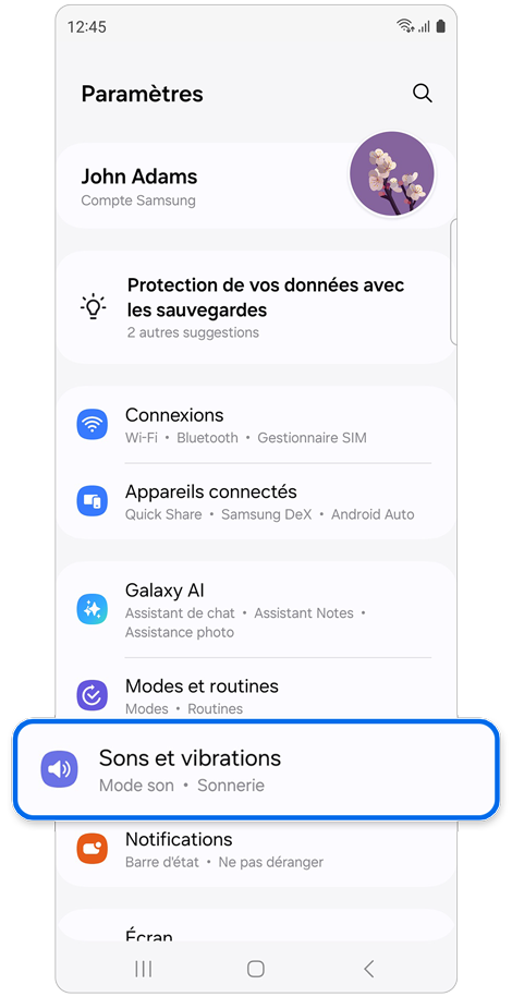 Écran d'accueil du menu des paramètres d’un Samsung Galaxy
