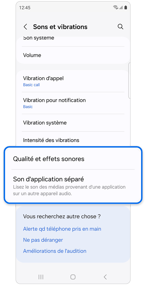 Paramètres supplémentaires du menu Sons et vibrations d’un Samsung Galaxy