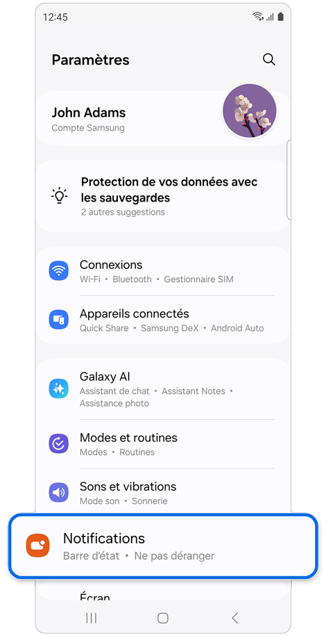 Écran d'accueil du menu des paramètres d’un Samsung Galaxy
