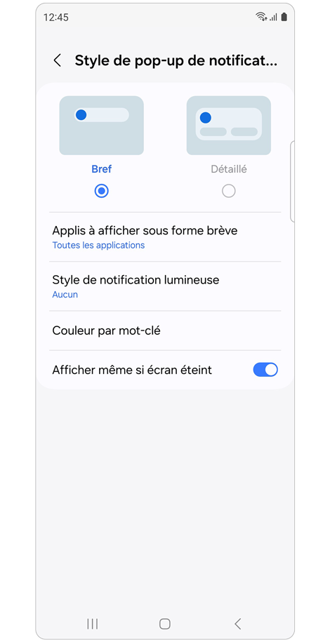 Écran d'accueil du menu de style de notification contextuelle d’un Samsung Galaxy
