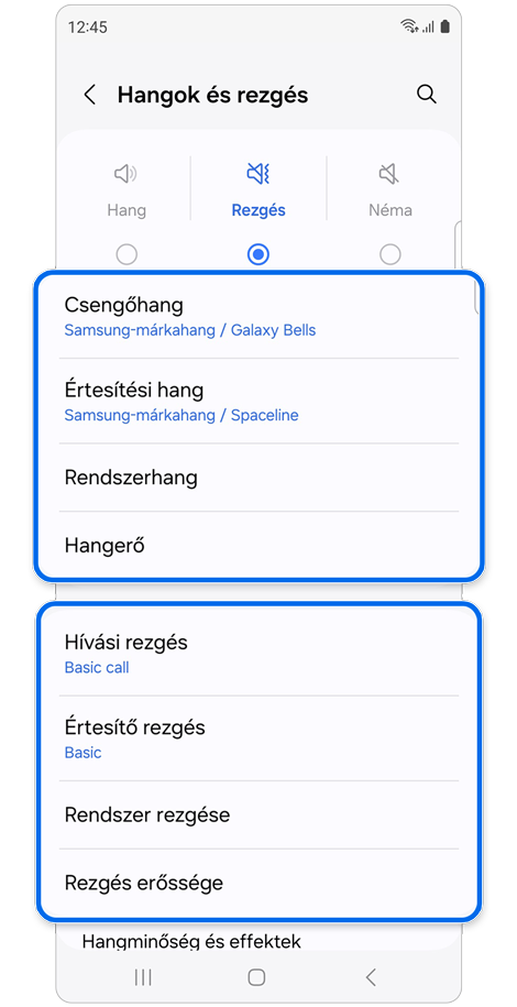 Hangok és rezgés beállítások