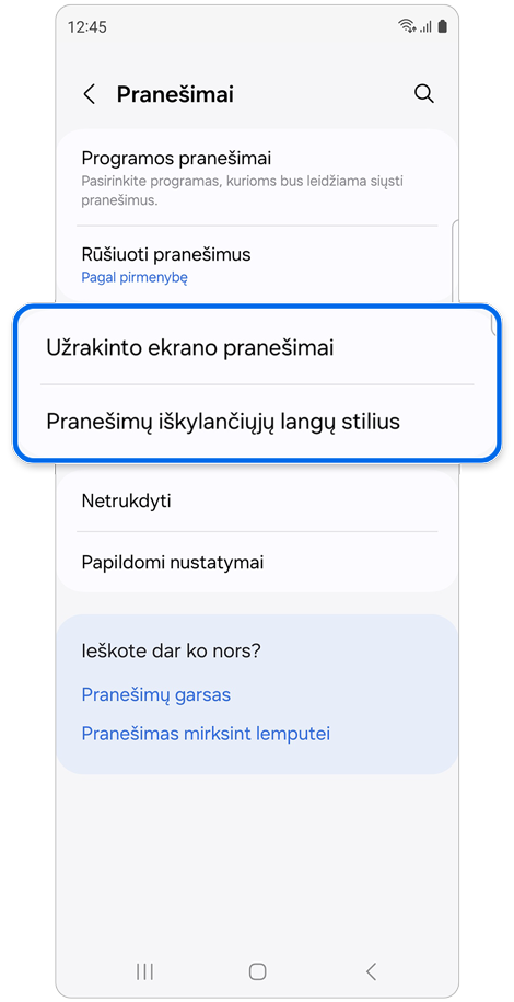 Pranešimų nustatymų ekranas.