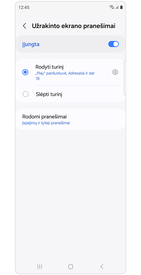 Užrakinto ekrano pranešimų nustatymai.