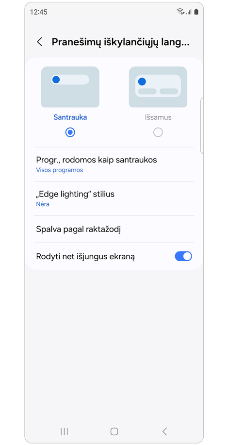 Pranešimų iškylančiųjų langų stiliaus nustatymai.