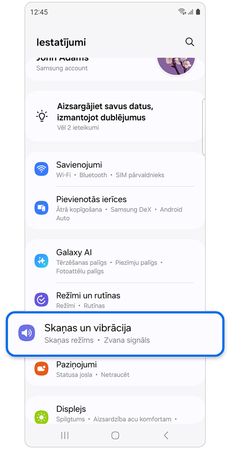 Sadaļas Iestatījumi ekrāns