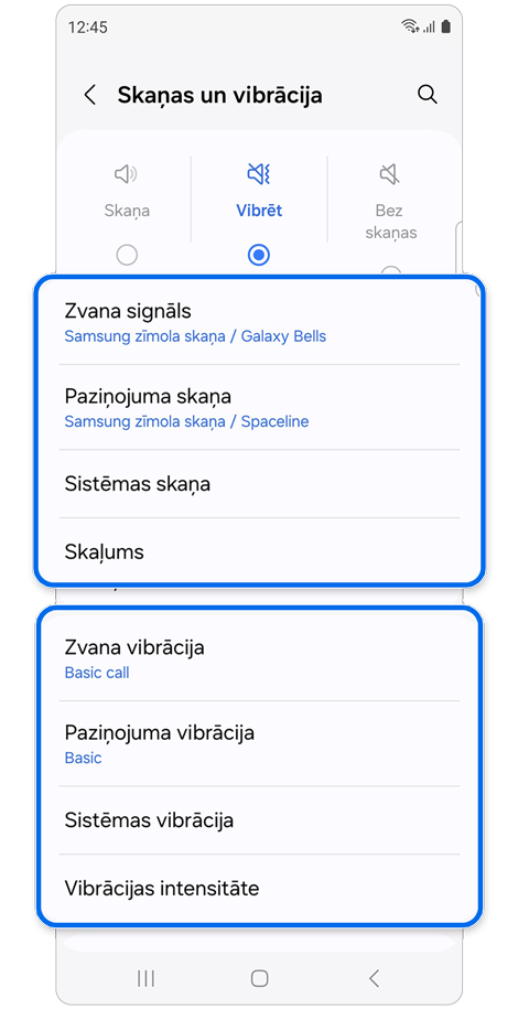Opcijas Skaņas un vibrācija iestatījumi