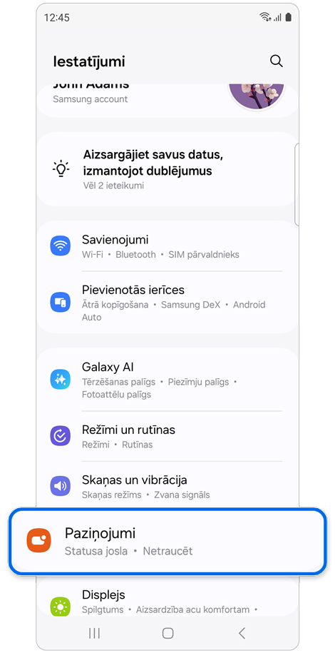 Sadaļas Iestatījumi sākuma ekrāns