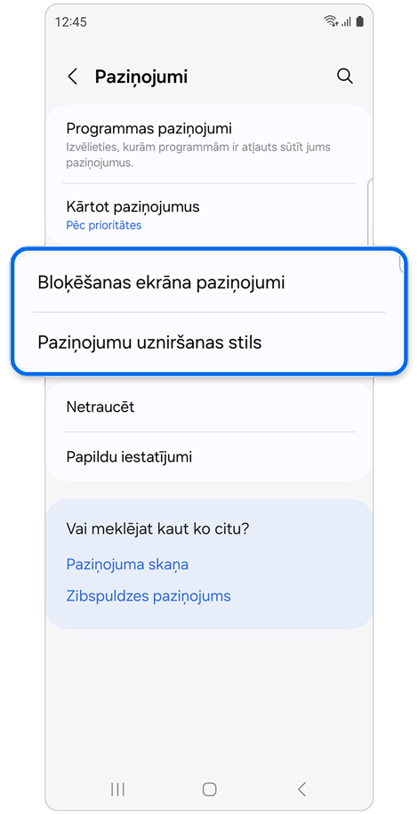 Opcijas Paziņojumi iestatījumu ekrāns.