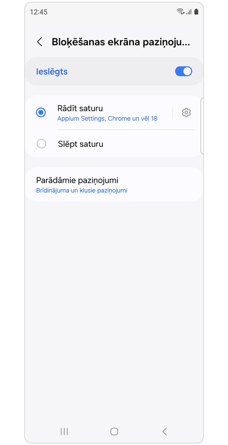 Bloķēšanas ekrāna paziņojumu iestatījumi.