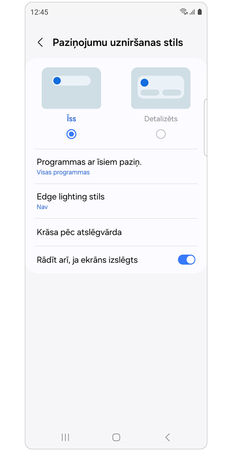 Paziņojumu uzniršanas stila iestatījumi.