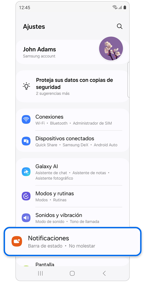 Pantalla de inicio en ajustes