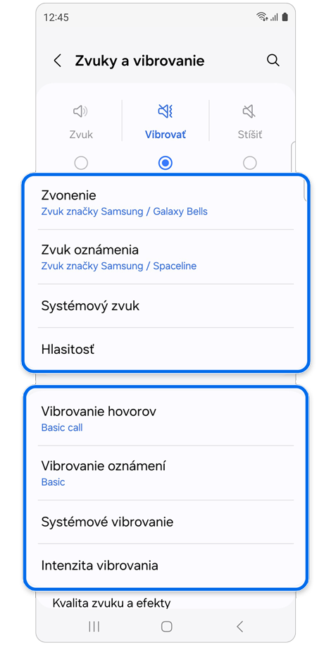 Nastavenia funkcie Zvuky a vibrovanie