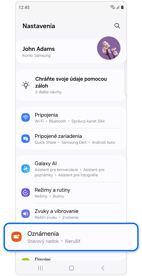 Domovská obrazovka funkcie Nastavenia