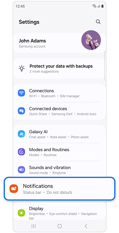 Settings home screen