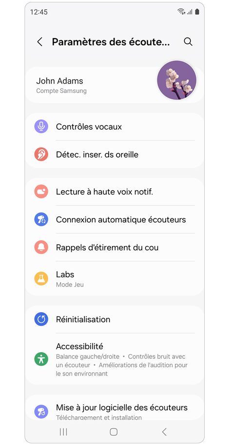 Écran d'accueil des paramètres des écouteurs de l'application Galaxy Wearable.