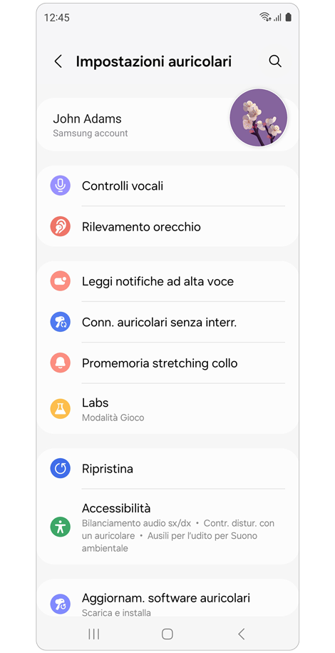 Schermata principale di Impostazioni auricolari.