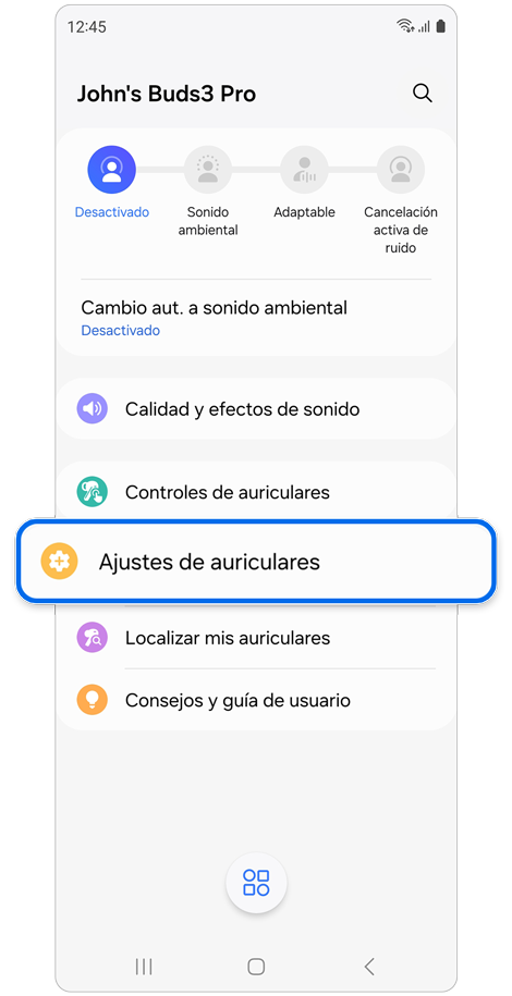 Pantalla de inicio de auriculares.